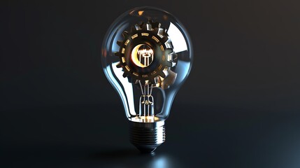 Wall Mural - Lit Lightbulb with a gear inside, symbolizing the creative process and innovation.