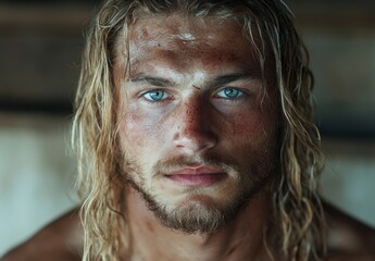 Wall Mural - Rugged man with piercing blue eyes and windswept hair