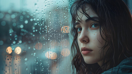 Pensive Young Woman Gazing out Rainy Window, Contemplative Mood, Emotional Reflection, Rain-Drenched Glass, Portrait of Loneliness, Urban Background