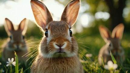 Poster - Closeup of a curious rabbit in a field