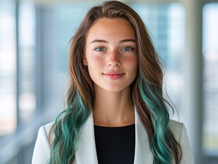 Poster - young woman with colorful hair and freckles