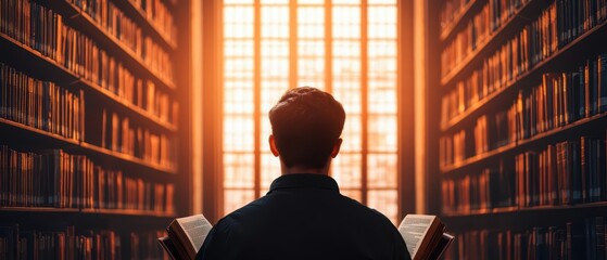 Wall Mural - Close up light effect sunlight filtering through the library windows as a student intently reads a book, surrounded by tall bookshelves banner with copy space