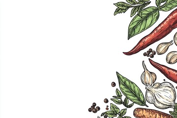 Wall Mural - Hand drawn style light effect capturing the essence of Thai cuisine with an explosion of fresh herbs and spices on a clean white background