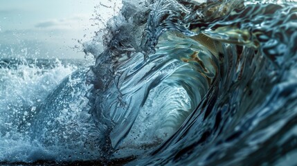 Poster - A close-up view of a wave crashing against the ocean floor, with water and foam visible