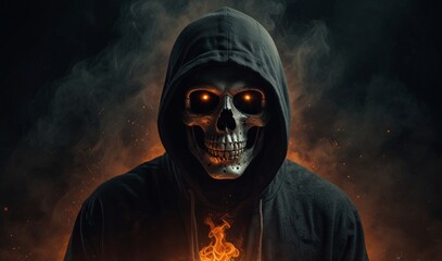 Wall Mural - Mysterious hooded figure with a skull face surrounded by orange smoke on a dark background, concept of horror and fantasy