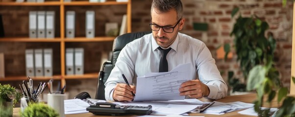 Efficient Male Accountant Focused on Preparing Tax Returns in an Organized Office Setting