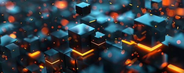 Wall Mural - Abstract smartphone desktop background, black cubes and orange glowing lines, futuristic wall surface of modern architecture golden black triangles