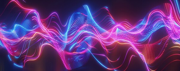 Wall Mural - abstract smartphone desktop background, glowing neon lights forming sound waves, vibrant neon wave l