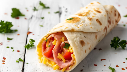 Poster - Tortilla wrap with ham, cheese and tomatoes on a white wooden background