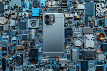 One smartphone surrounded by disassembled smartphone parts and details. Layout photography related to maintenance, repair, support, device diagnostics.
