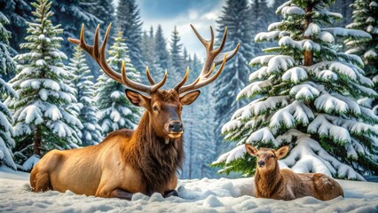 Naklejka na meble Majestic elk rests peacefully amidst a snow-covered young fir thicket, surrounded by tranquility, while a moose nestles into a serene fir bough refuge in the winter woodland.