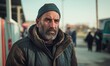 © Nadin Faust - cinematic portrait of an attractive middle-aged Greek man with a beard in a winter jacket and beanie, waiting at an Italian bus station, surrounded by people walking