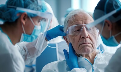 elderly man wearing protective glasses and mask surrounded by doctors during ear check in a brightly lit hospital room, emphasizing professional care for pain relief in hyper-realistic style