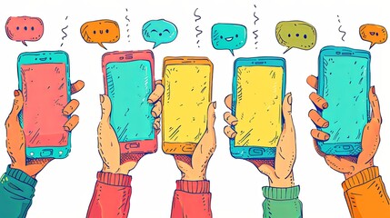 Wall Mural - Hands with smartphones. Mobile communication application. Chat message icons. Play and hold smartphone. Conversation talk in phone app. Arms sending emoji. Vector digital messenger