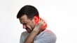 © Aamir - An man with neck pain isolated on a white background, showing discomfort, possible injury, neck ache