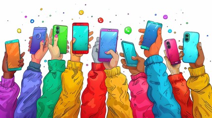Wall Mural - Hands with smartphones. Mobile communication application. Chat message icons. Play and hold smartphone. Conversation talk in phone app. Arms sending emoji. Vector digital messenger