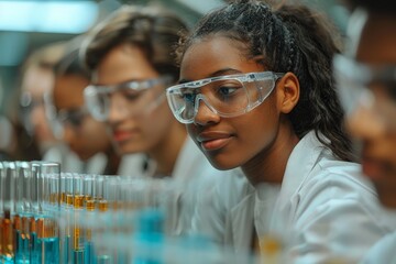 Wall Mural - Young people of various ethnicities working together in a science lab