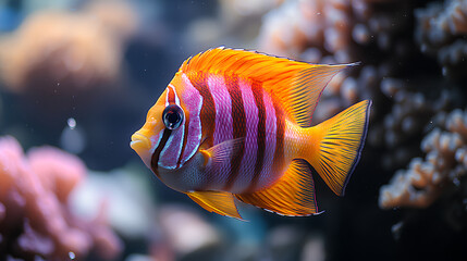 Wall Mural - Close-up of a pink and orange fish swimming in the sea