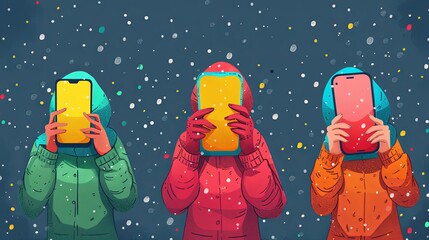 Wall Mural - Hands with smartphones. Mobile communication application. Chat message icons. Play and hold smartphone. Conversation talk in phone app. Arms sending emoji. Vector digital messenger