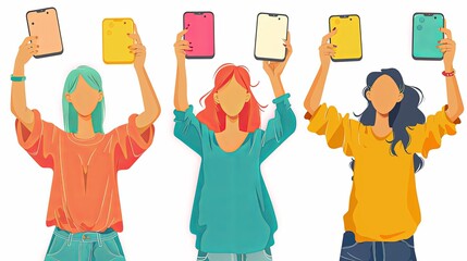 Wall Mural - Hands with smartphones. Mobile communication application. Chat message icons. Play and hold smartphone. Conversation talk in phone app. Arms sending emoji. Vector digital messenger