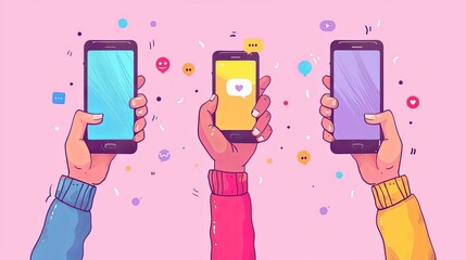 Wall Mural - Hands with smartphones. Mobile communication application. Chat message icons. Play and hold smartphone. Conversation talk in phone app. Arms sending emoji. Vector digital messenger