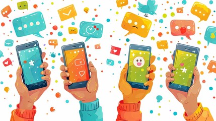 Wall Mural - Hands with smartphones. Mobile communication application. Chat message icons. Play and hold smartphone. Conversation talk in phone app. Arms sending emoji. Vector digital messenger