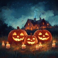 Wall Mural - three smiling pumpkins with glowing faces, against the background