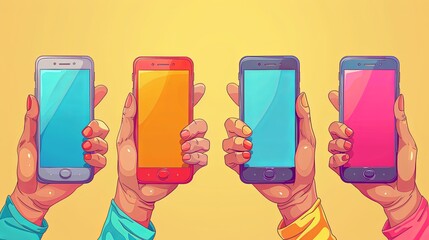 Wall Mural - Hands with smartphones. Mobile communication application. Chat message icons. Play and hold smartphone. Conversation talk in phone app. Arms sending emoji. Vector digital messenger