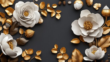 Wall Mural - Close-up of a dark moody floral textured background with blooming white and golden flowers. Photorealism.