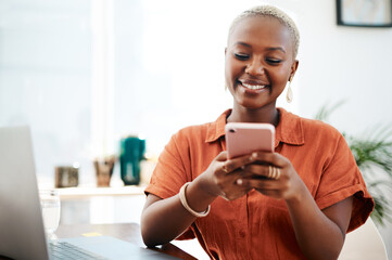 Poster - Online, business and black woman at desk with mobile for communication, texting or social network. Digital, media agency and employee with smile for typing, web post or browsing internet in office