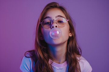 Wall Mural - A young girl wearing glasses blows a big bubble outside