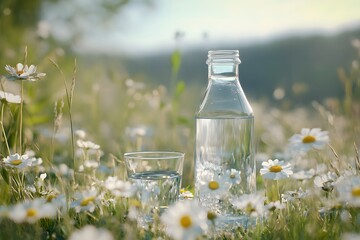 Wall Mural - Bottle and glass of water on the grass