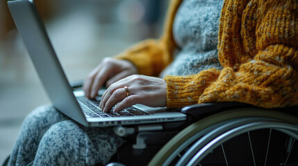 Digital Inclusion: Close-up of Woman in Wheelchair Using Laptop for Online Access