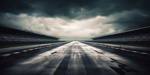 Wall Mural - A race track with a cloudy sky in the background. The track is empty and the only people visible are the ones in the stands