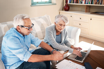 Old couple, credit card or password on laptop for mortgage payment with elderly husband or wife. Banking, household bills or people with retirement savings fund, insurance paperwork or investing plan