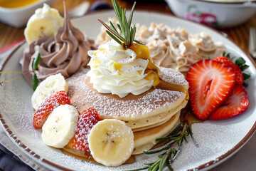 Close-up of colorful pancake with assorted fruits and whipped cream on white wood table. Generative AI.