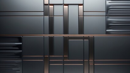 Wall Mural - An intricate arrangement of dark metallic panels featuring copper lines and shapes under low light