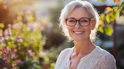 A happy woman wearing glasses sits in a lush green garden, enjoying the surroundings