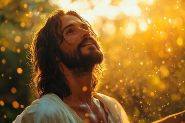 radiant portrait of jesus christ with outstretched arms bathed in heavenly light soft colors and ethereal atmosphere convey divine love and spiritual salvation