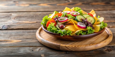 Wall Mural - Vegetable salad with chips in a wooden plate on a wooden table , healthy, fresh, food, snack, organic, tasty, appetizing, nutrition