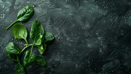 Wall Mural - Fresh spinach leaves on dark textured table, flat lay