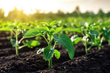 Young green plant growing in black soil at sunset