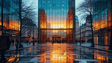 Poster - A city street with a large glass building in the background. The street is wet and the people walking on it are silhouetted against the building