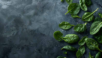 Wall Mural - Fresh spinach leaves on dark textured table, flat lay