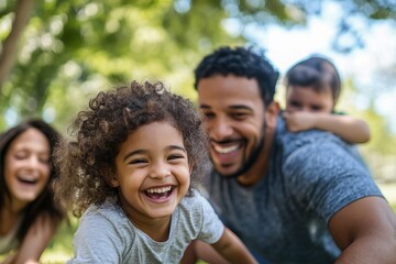 Wall Mural - A joyful family playing outdoors, featuring a smiling young girl in the foreground, a man with a beard, and two children. The scene is bright and cheerful, set in a park with greenery.