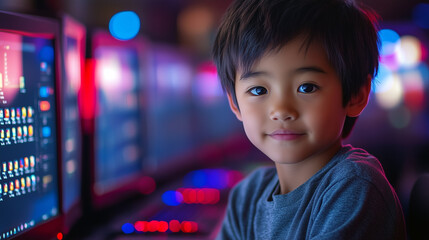 Portrait of a child in front of a computer screen. 