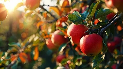 Wall Mural - A bunch of red apples hanging from a tree. The apples are ripe and ready to be picked