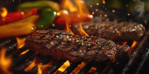 A close-up shot of a grilled steak sizzling on the barbecue grill, perfect for food and cooking photography