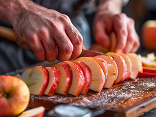 Sticker - Slicing Fresh Red Apples on a Wooden Cutting Board in a Cozy Kitchen Setting