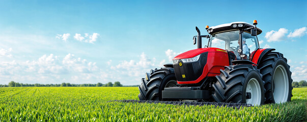 Powerful red tractor working on a green field under blue sky with clouds